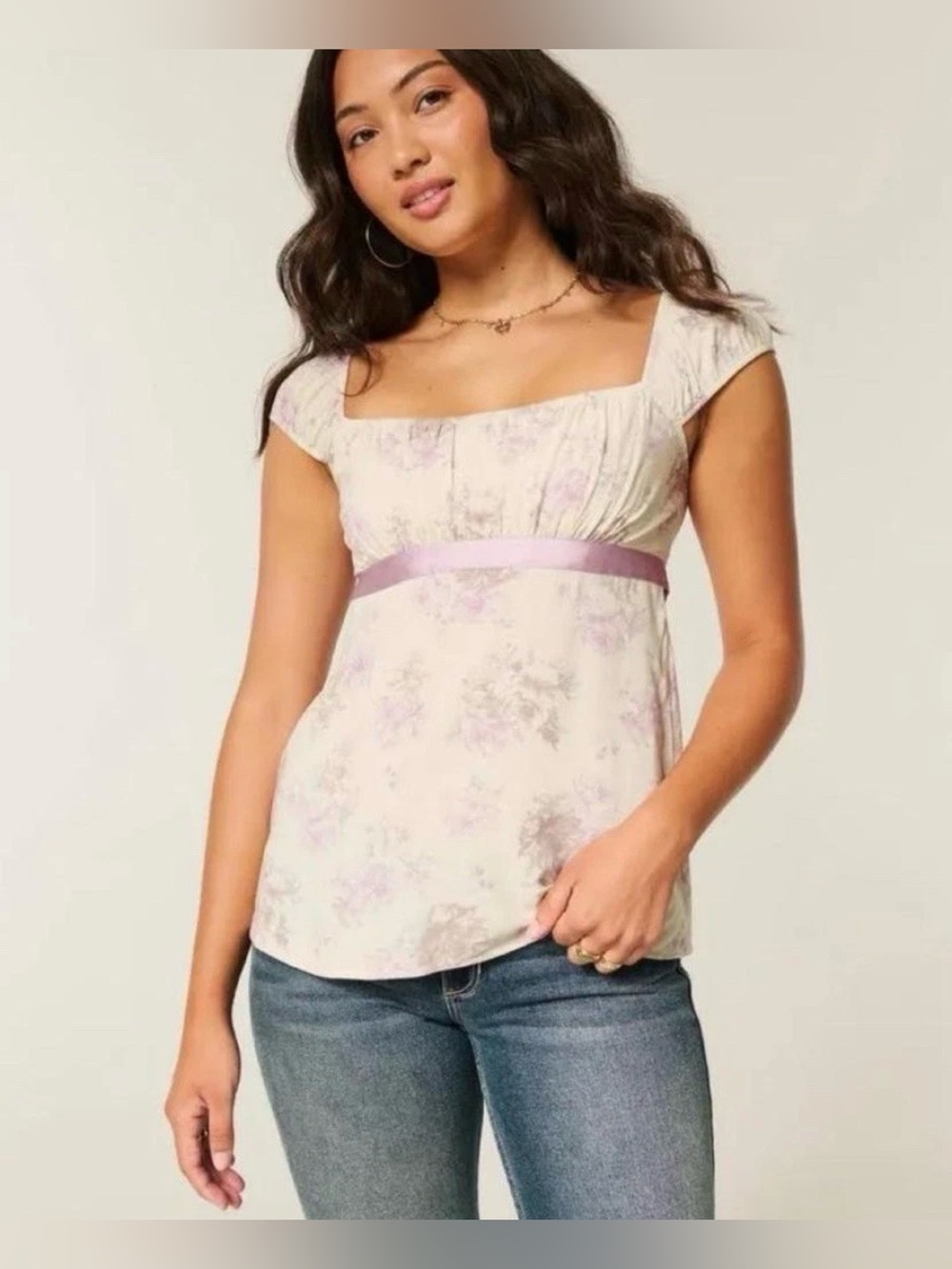 Hollister Milkmaid Purple Satin Bow Floral Top Medium Y2K Style Tie Back